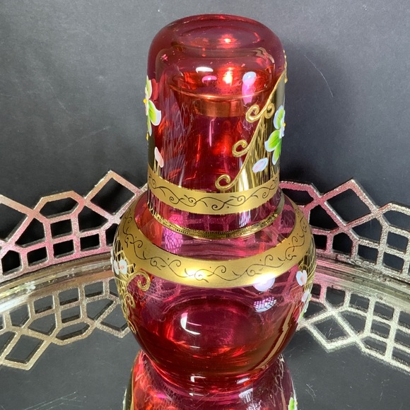 Czech Cranberry Tumble Up Bohemia Gold Guilt Applied Flowers Water Set #N1 - Picture 7 of 9